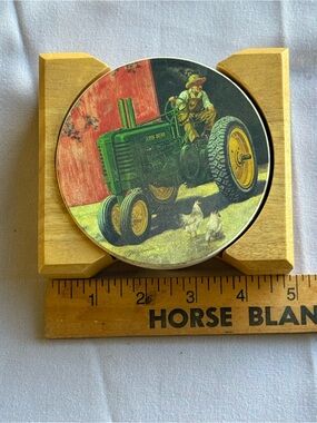 John Deere Green and Yellow Tractor Coaster with Wooden Holder